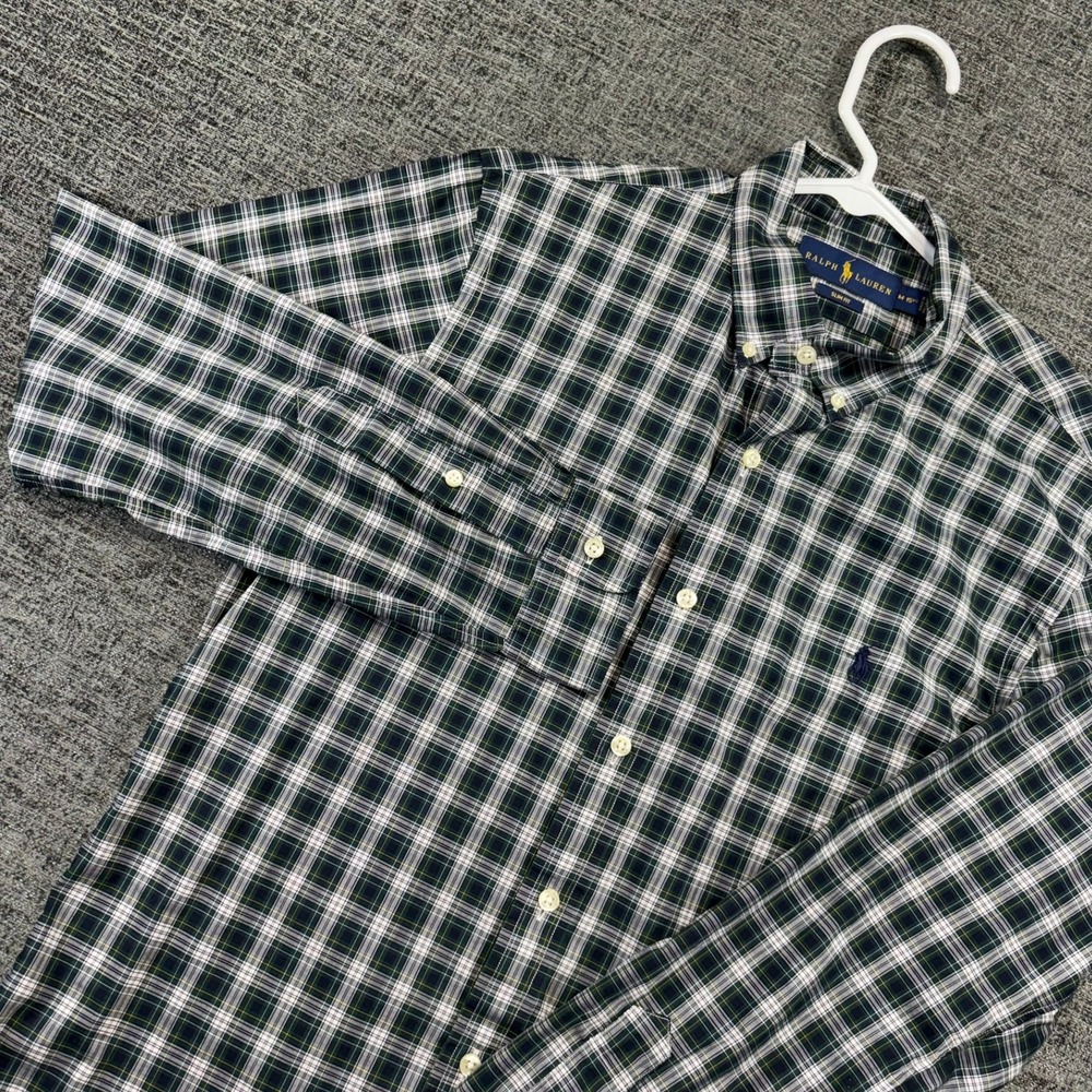 Ralph Lauren Button Down Mens M Green Plaid Slim Fit Long Sleeve Cotton Shirt